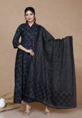 Miravan Women's Abstract Printed & Tasseles Angrakha Kurta With Blue Dupatta Set | Grocsy