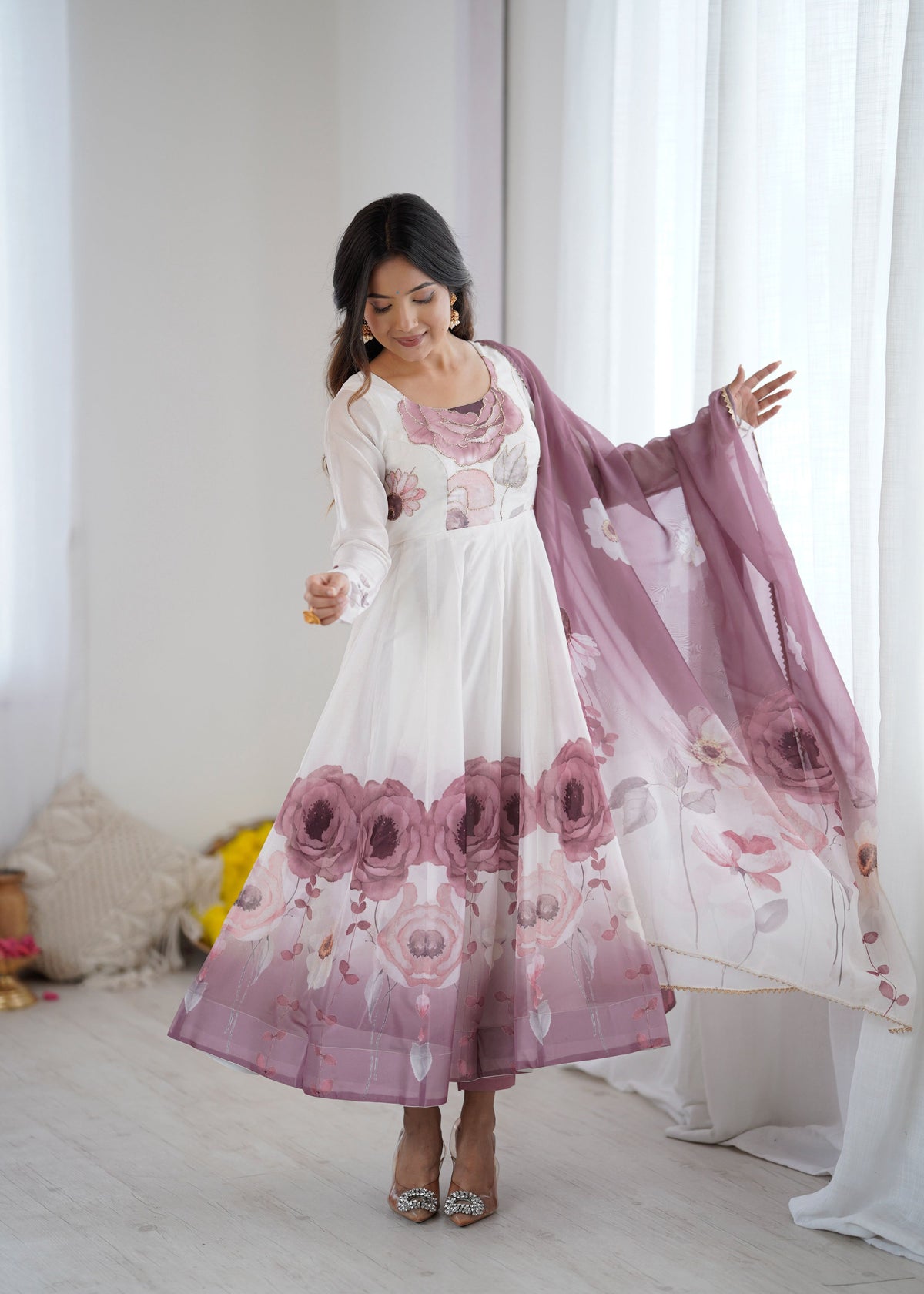 Lorenvalley Fashion Soft Organza Silk Front On Fancy Badla Jari Work Flower Position Print Outing Work Anarkali Kurta Pant With Dupatta Set | Grocsy