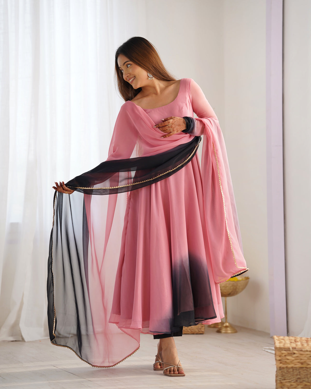 Lorenvalley Women Pure Soft Faux Georgette Colorful Padding Anarkali Kurta Pant With Dupatta Set - Onionpink | Grocsy