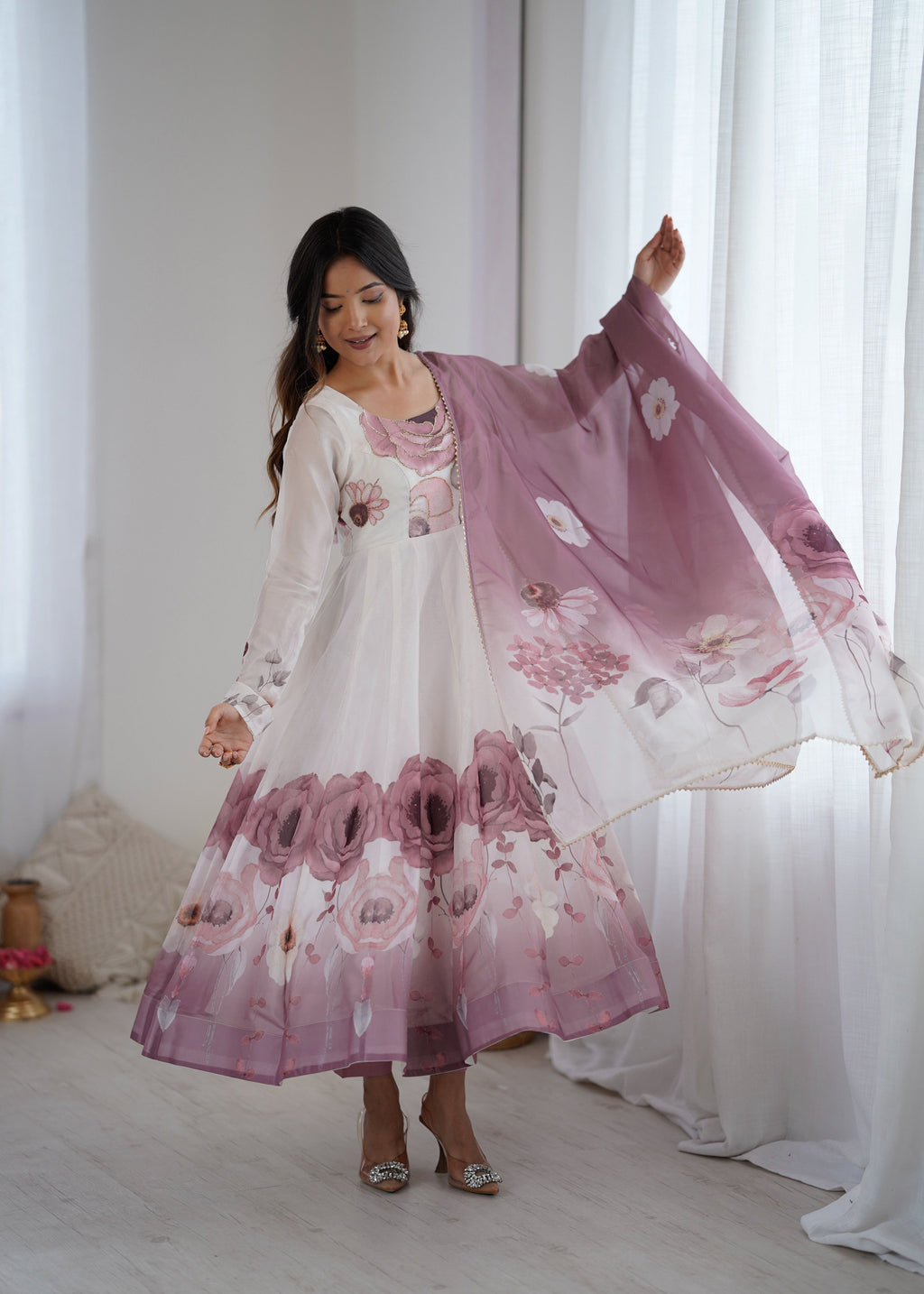 Lorenvalley Fashion Soft Organza Silk Front On Fancy Badla Jari Work Flower Position Print Outing Work Anarkali Kurta Pant With Dupatta Set | Grocsy