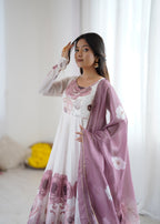 Lorenvalley Fashion Soft Organza Silk Front On Fancy Badla Jari Work Flower Position Print Outing Work Anarkali Kurta Pant With Dupatta Set | Grocsy