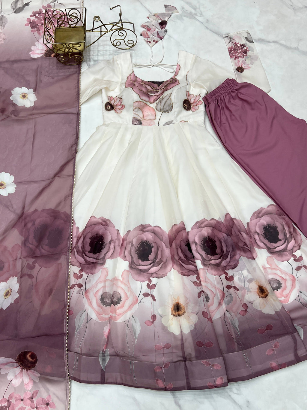 Lorenvalley Fashion Soft Organza Silk Front On Fancy Badla Jari Work Flower Position Print Outing Work Anarkali Kurta Pant With Dupatta Set | Grocsy