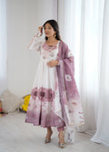Lorenvalley Fashion Soft Organza Silk Front On Fancy Badla Jari Work Flower Position Print Outing Work Anarkali Kurta Pant With Dupatta Set | Grocsy