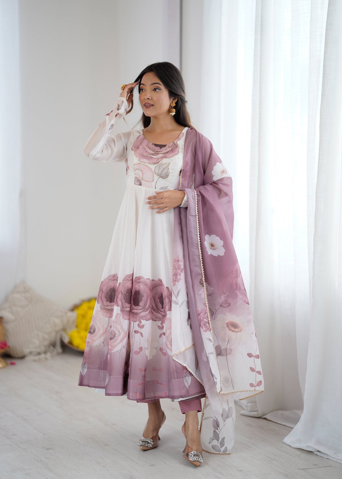 Lorenvalley Fashion Soft Organza Silk Front On Fancy Badla Jari Work Flower Position Print Outing Work Anarkali Kurta Pant With Dupatta Set | Grocsy
