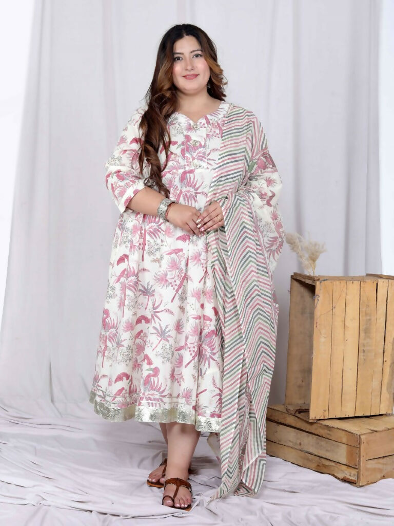 Miravan Women's Plus Size Light Pink Floral Printed and Anarkali Kurta with Dupatta | Grocsy