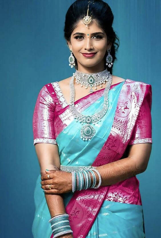 DEIANA'S Beautiful Designer Golden zari Soft Lichi Silk Saree - Blue | Grocsy