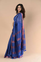 Very Much Indian Handloom Cotton Silk Maheshwari Saree With Sleek Golden Border - Purple Blue | Grocsy