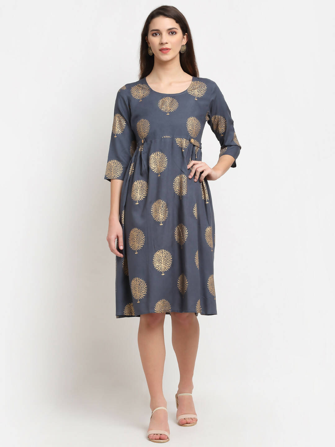 Rudra Bazaar Gold Boota Printed Grey Kurti | Grocsy