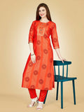 Jyoti Fashion Women's Orange Viscose Rayon Embroidered Kurta Pant Set | Grocsy