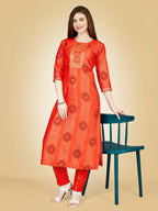 Jyoti Fashion Women's Orange Viscose Rayon Embroidered Kurta Pant Set | Grocsy