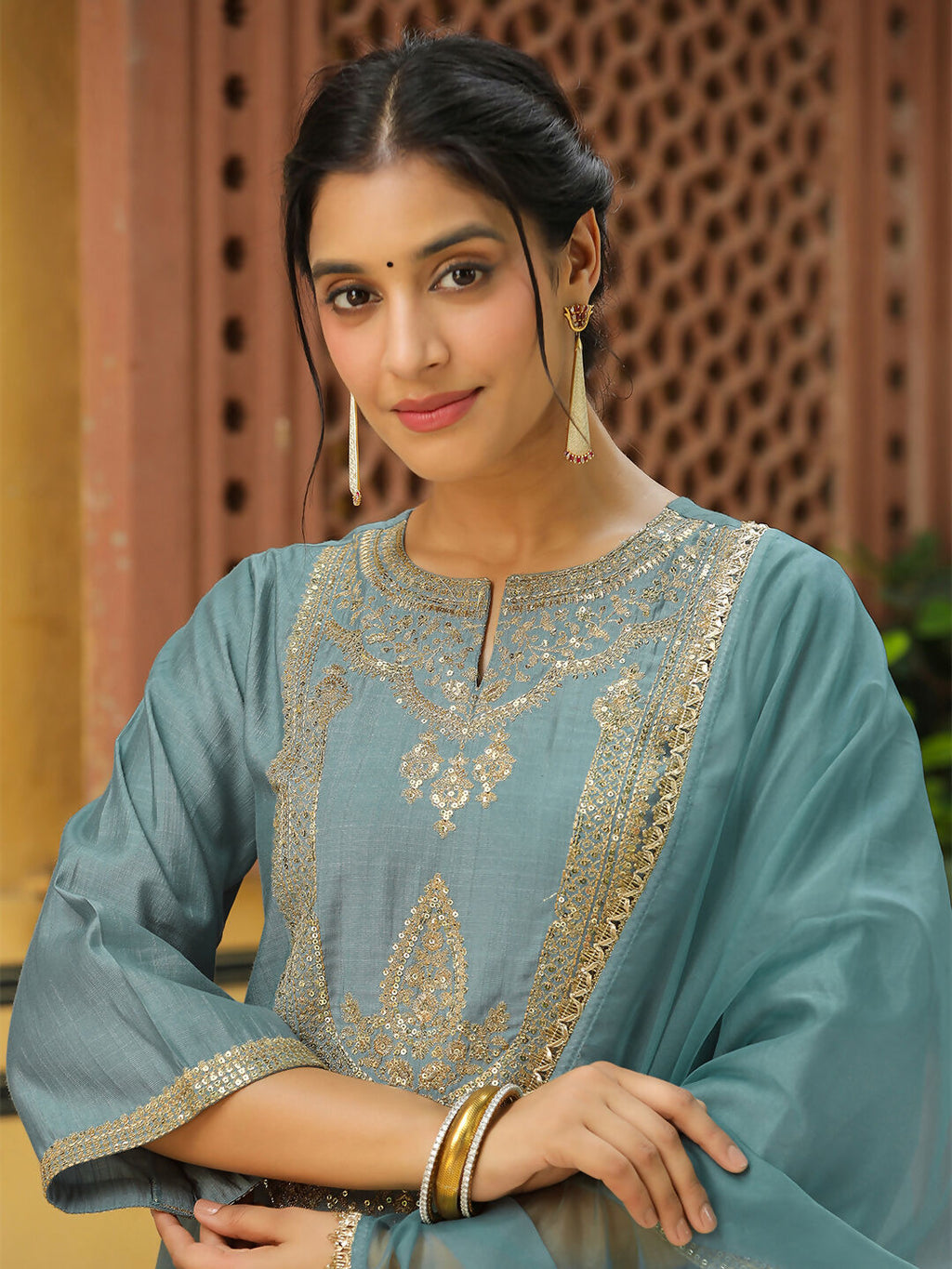 Janasya Light Blue Silk Blend Solid Kurta,Bottom & Dupatta | Grocsy