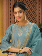 Janasya Light Blue Silk Blend Solid Kurta,Bottom & Dupatta | Grocsy