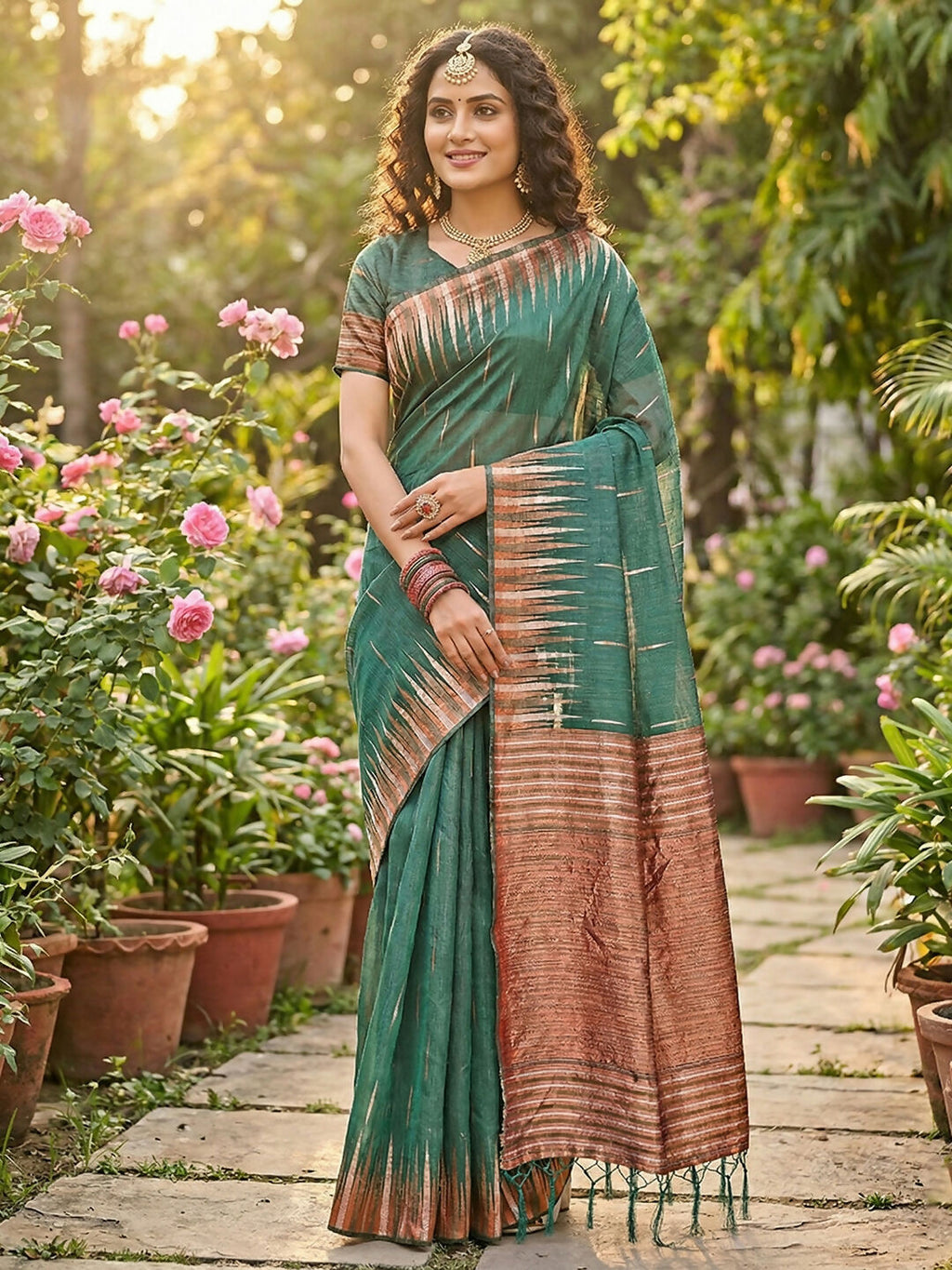 Shree Shyam Fashion Green Linen Cotton Saree | Grocsy