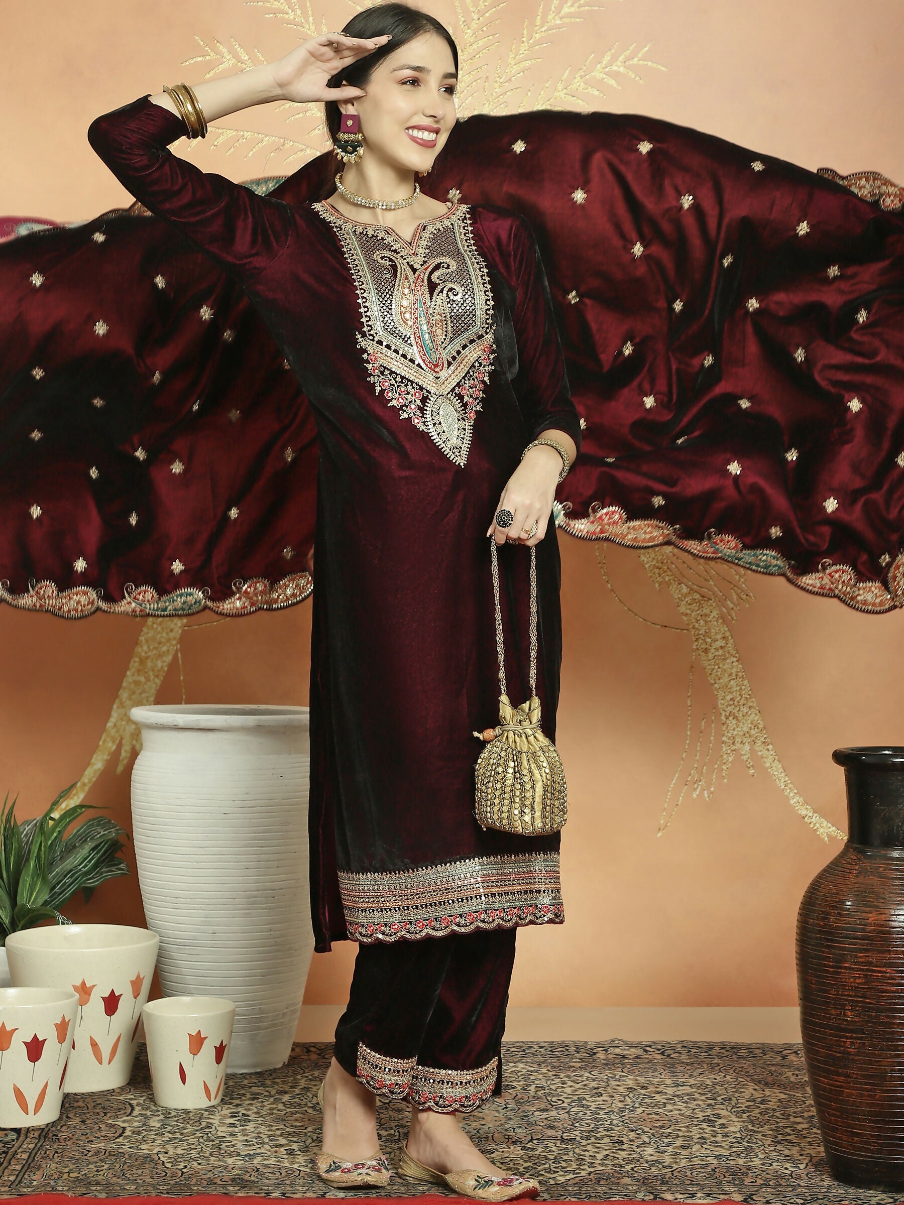 Jyoti Fashion Women's Maroon Velvet Cording with Resham Thread & Sequin Kurta with Trouser & Dupatta | Grocsy