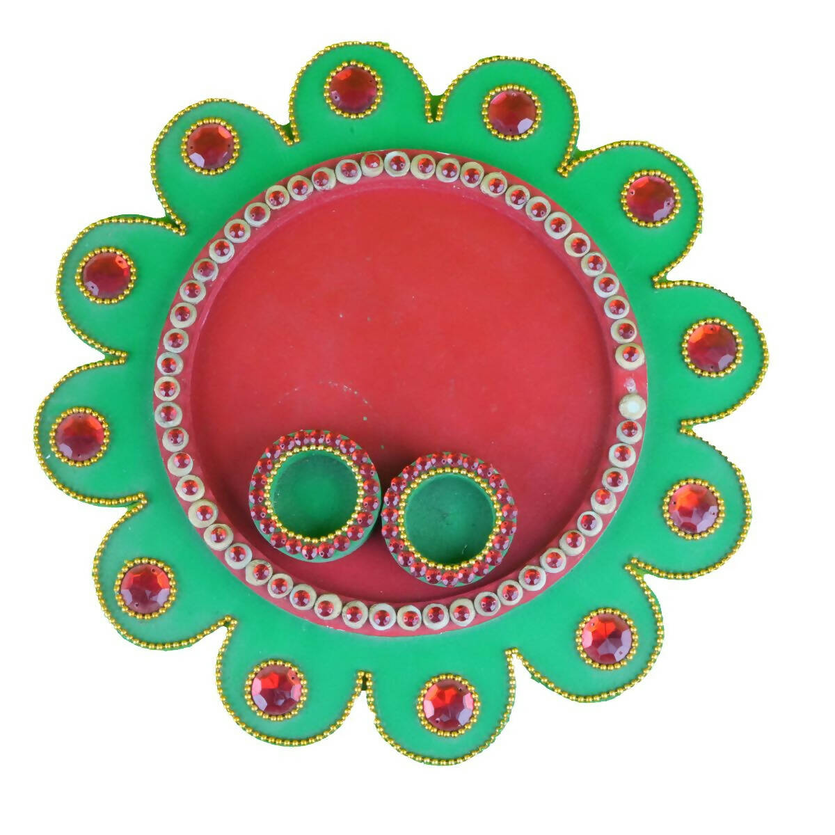 Kundan HandiKrafts Mdf Flower Pooja Thali - Green 01 | Grocsy