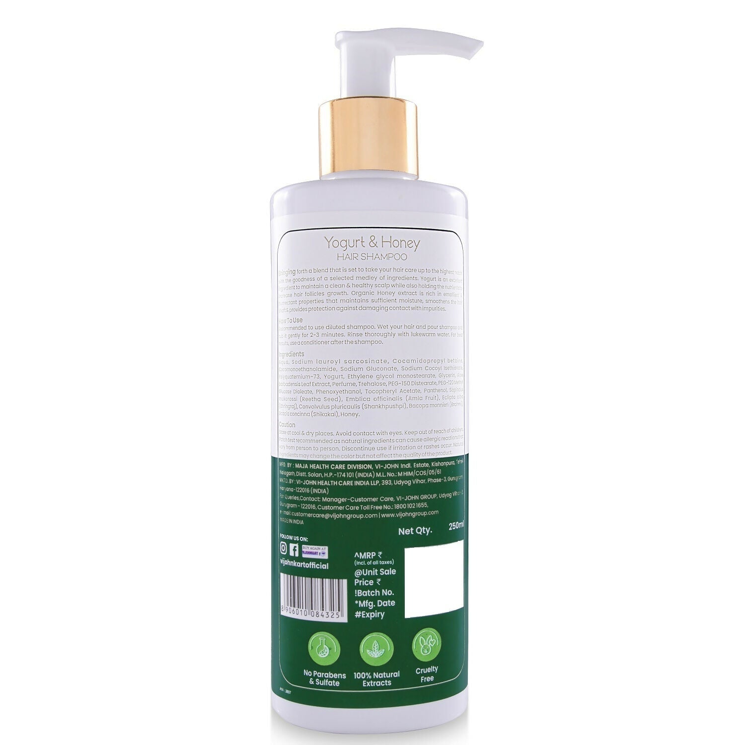 VI-JOHN Prakritik Yogurt & Honey Shampoo Cleanses Scalp, Made With 100% Natural Bio Actives | Grocsy