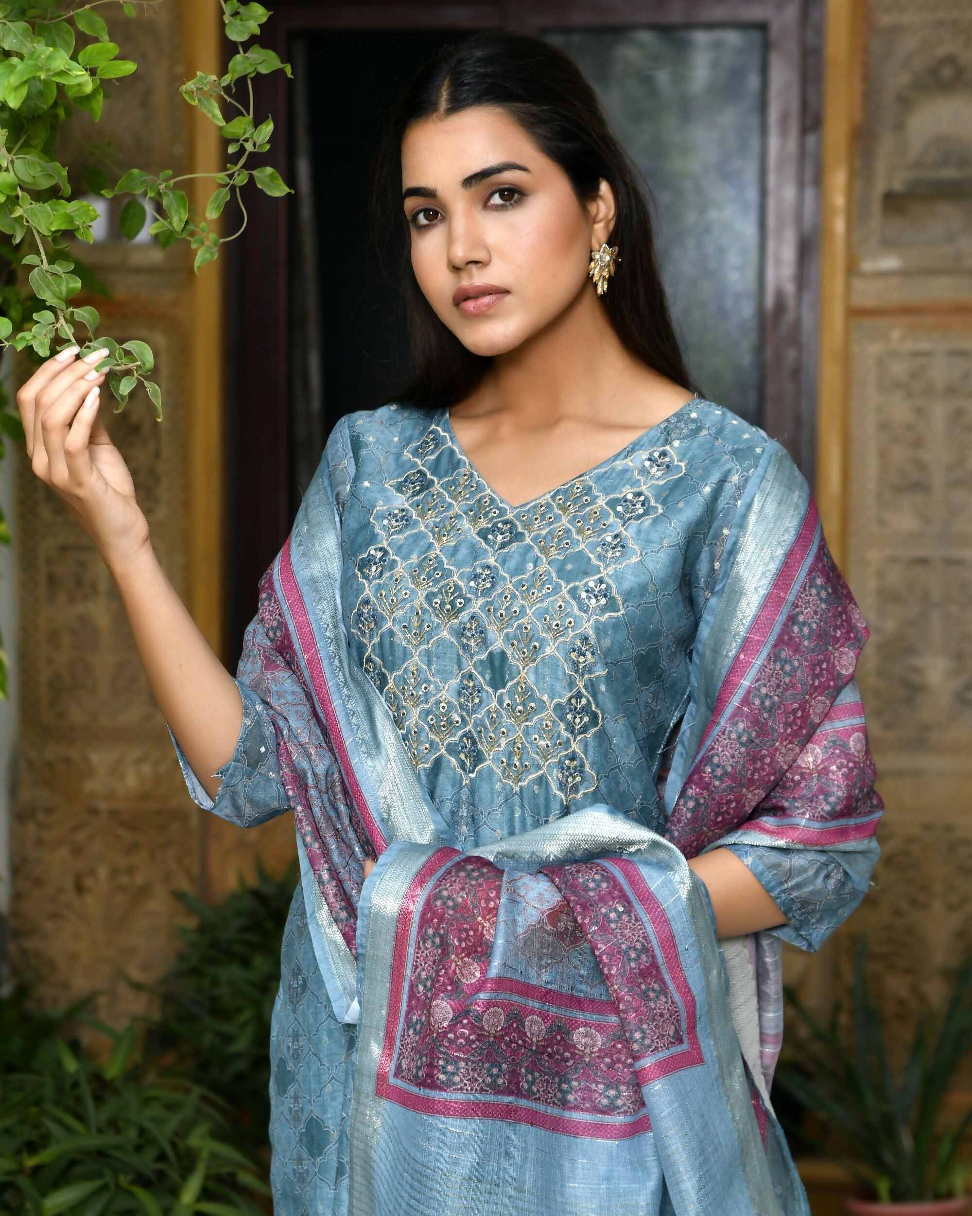 Vaasva Women's Chanderi Printed Suit Set With Pant And Printed Dupatta | Grocsy