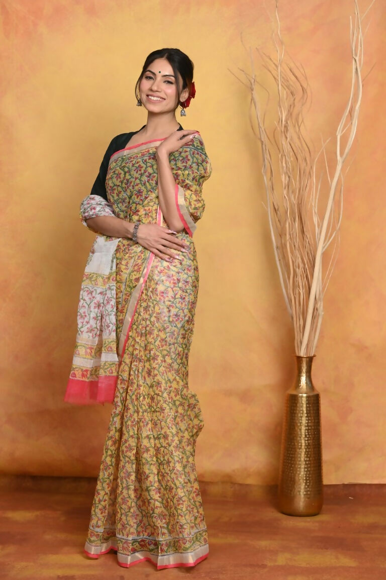 Very Much Indian Pure Kota Cotton Handblock Printed Saree - Yellow | Grocsy