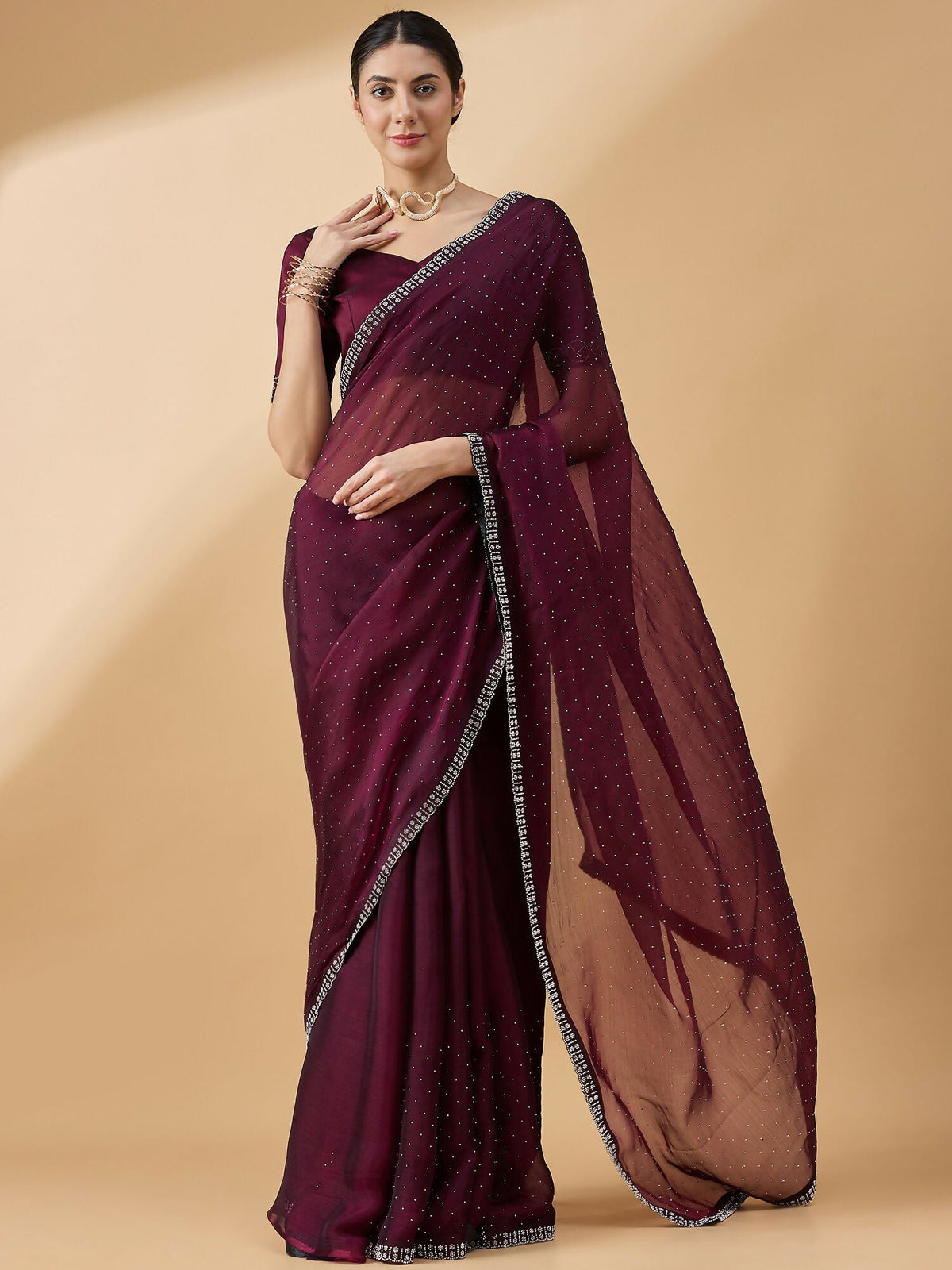 Purple Organza Swaroski Diamond Work Saree with Unstitched Blouse - Radha | Grocsy