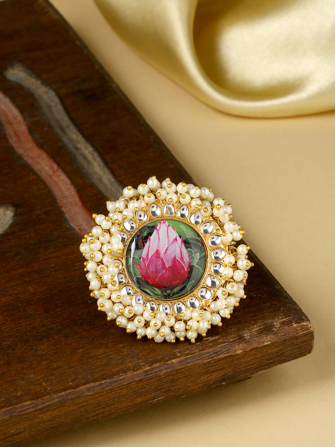 NVR Women's Traditional Ethnic Kundan Meenakari Gold-Polished Ajustable Finger Ring | Grocsy