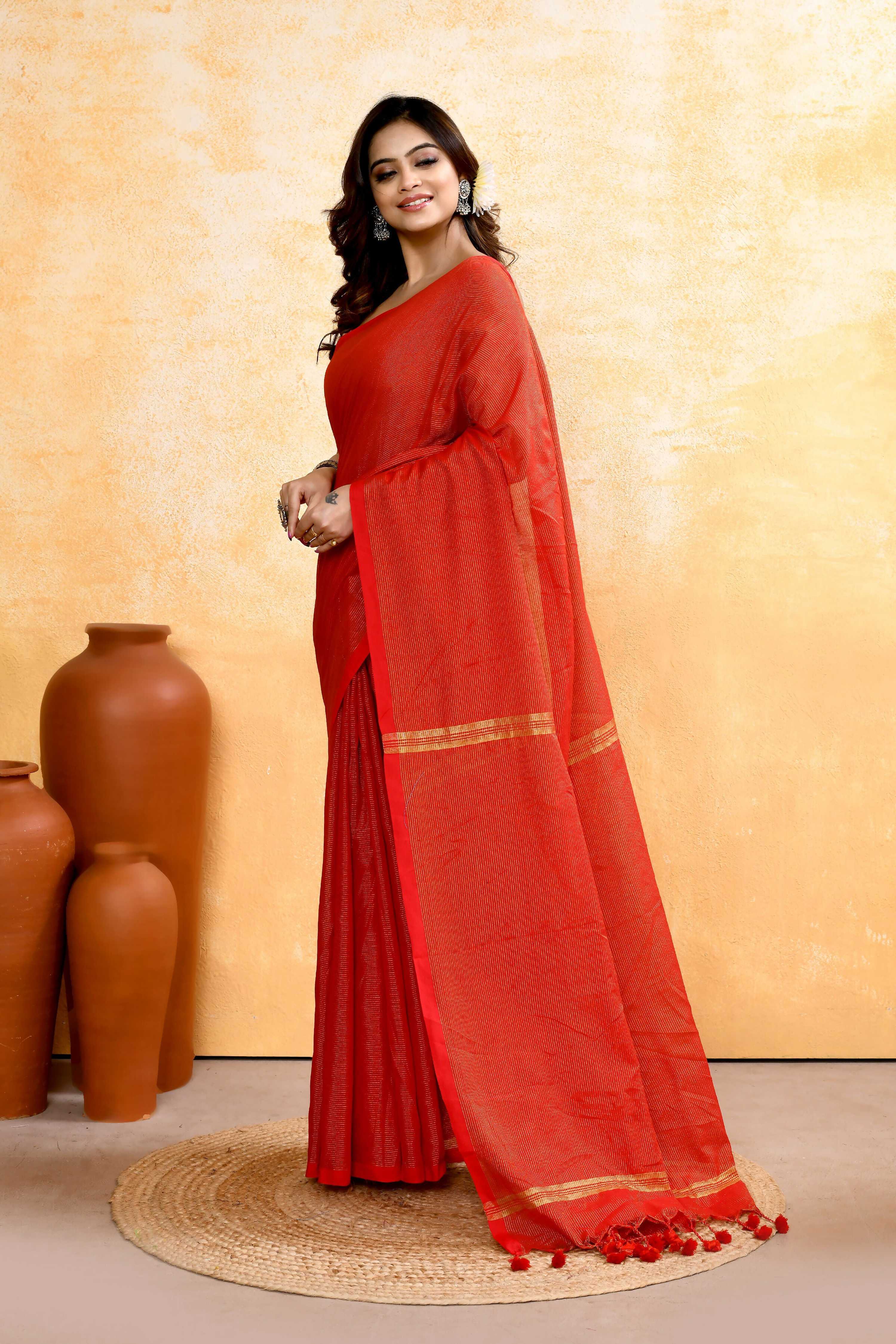 Piyari Fashion Women's Red Embellished Cotton Blend Zari Check Handloom Saree | Grocsy