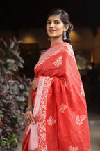 Very Much Indian Organic Linen With Handblock Printing Saree - Red | Grocsy