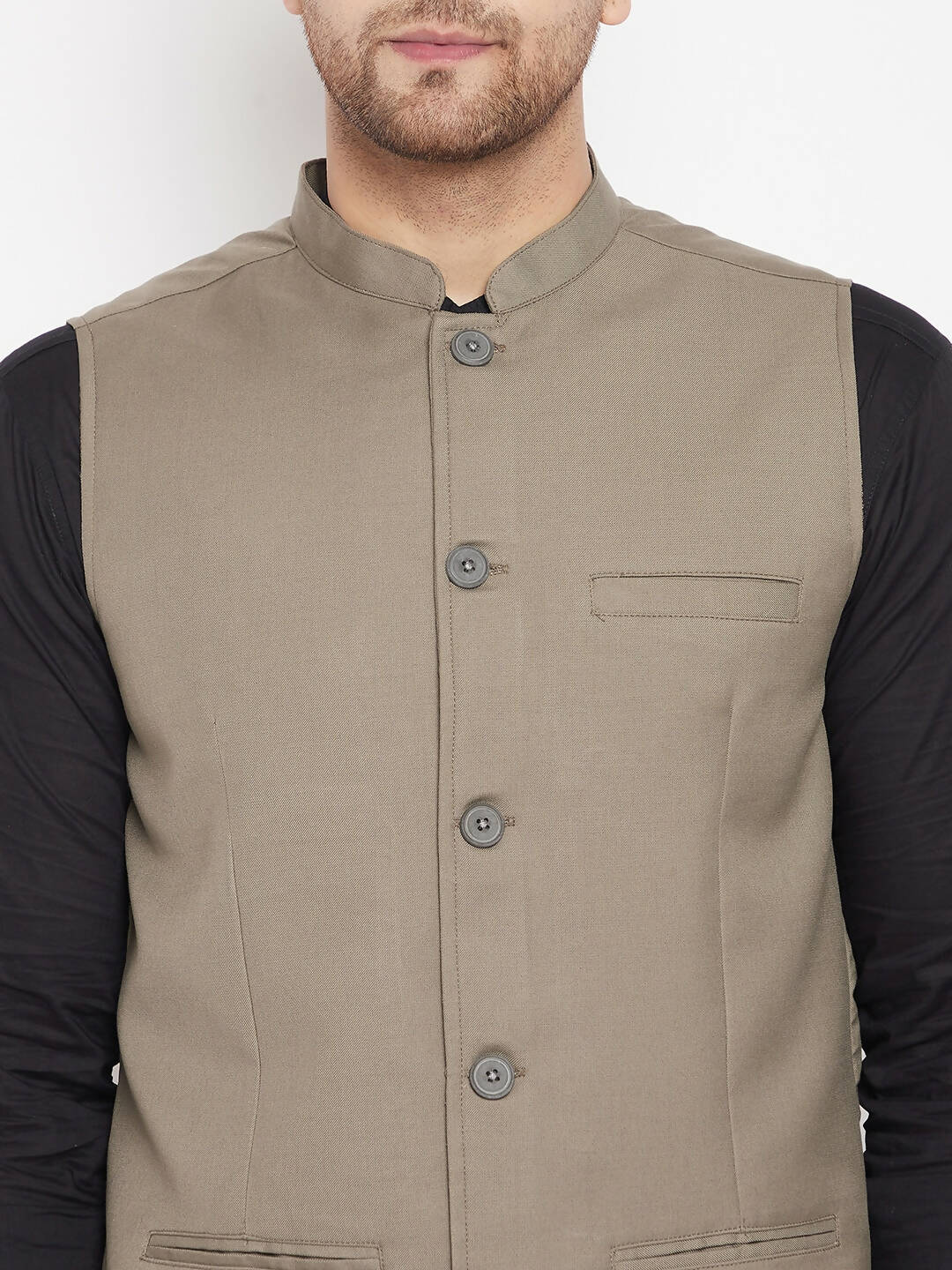 Even Apparels Beige Merino Men Woven Nehru Jacket | Grocsy