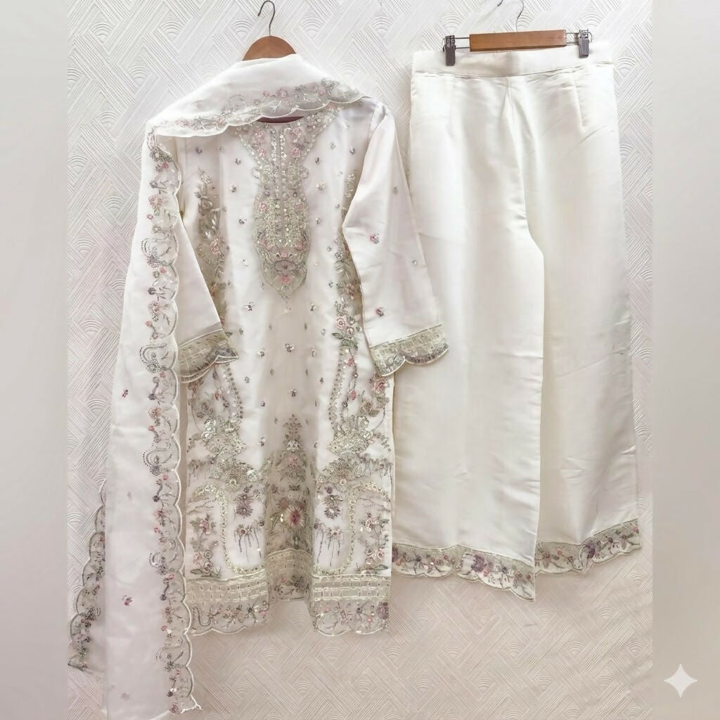 Teeya Creation Womens New Trendy Silk With Heavy Embroiedery With Sequence Work White Kurta Set | Grocsy