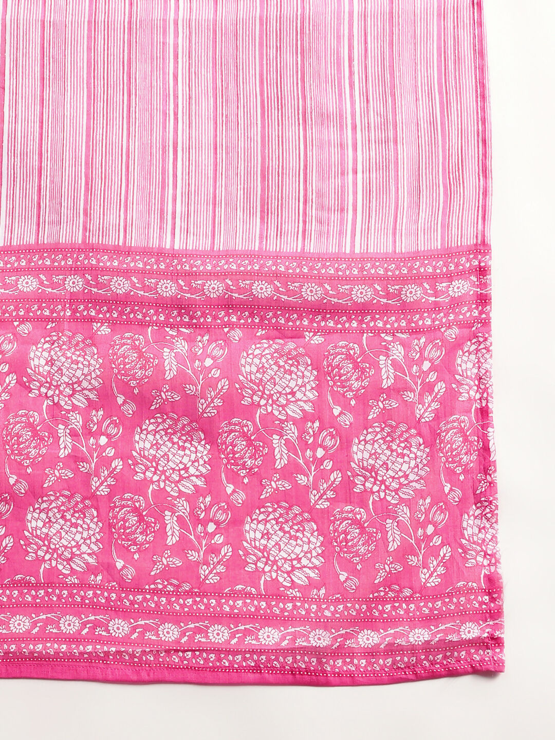 Aavyora Women's Pink Floral Print Cotton A-Line Kurta with Striped Trouser & Dupatta | Grocsy