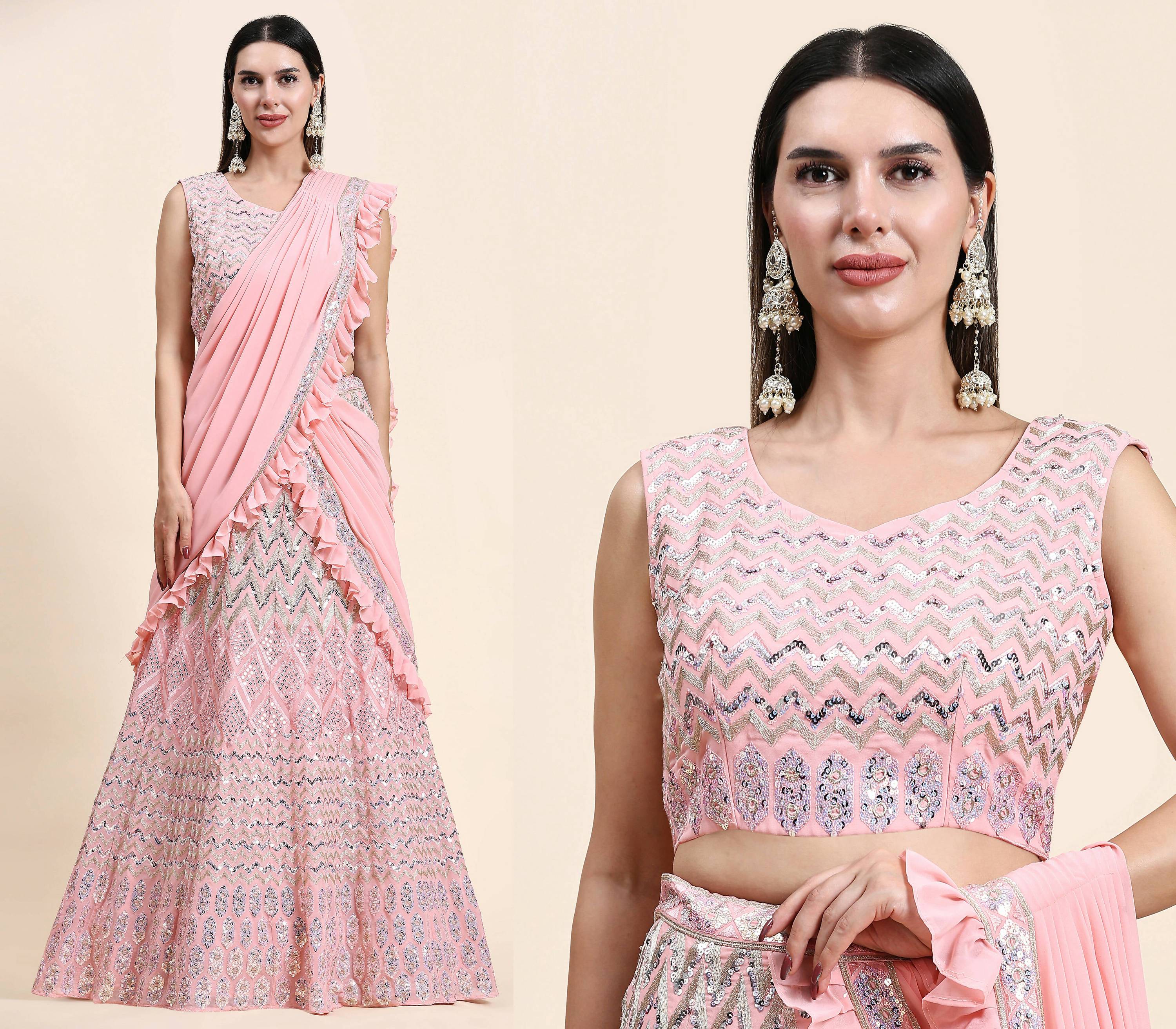 Pink Pure Viscose Georgette Thread With Sequins Embroidery Work Lehenga Choli With Dupatta - Tanya | Grocsy