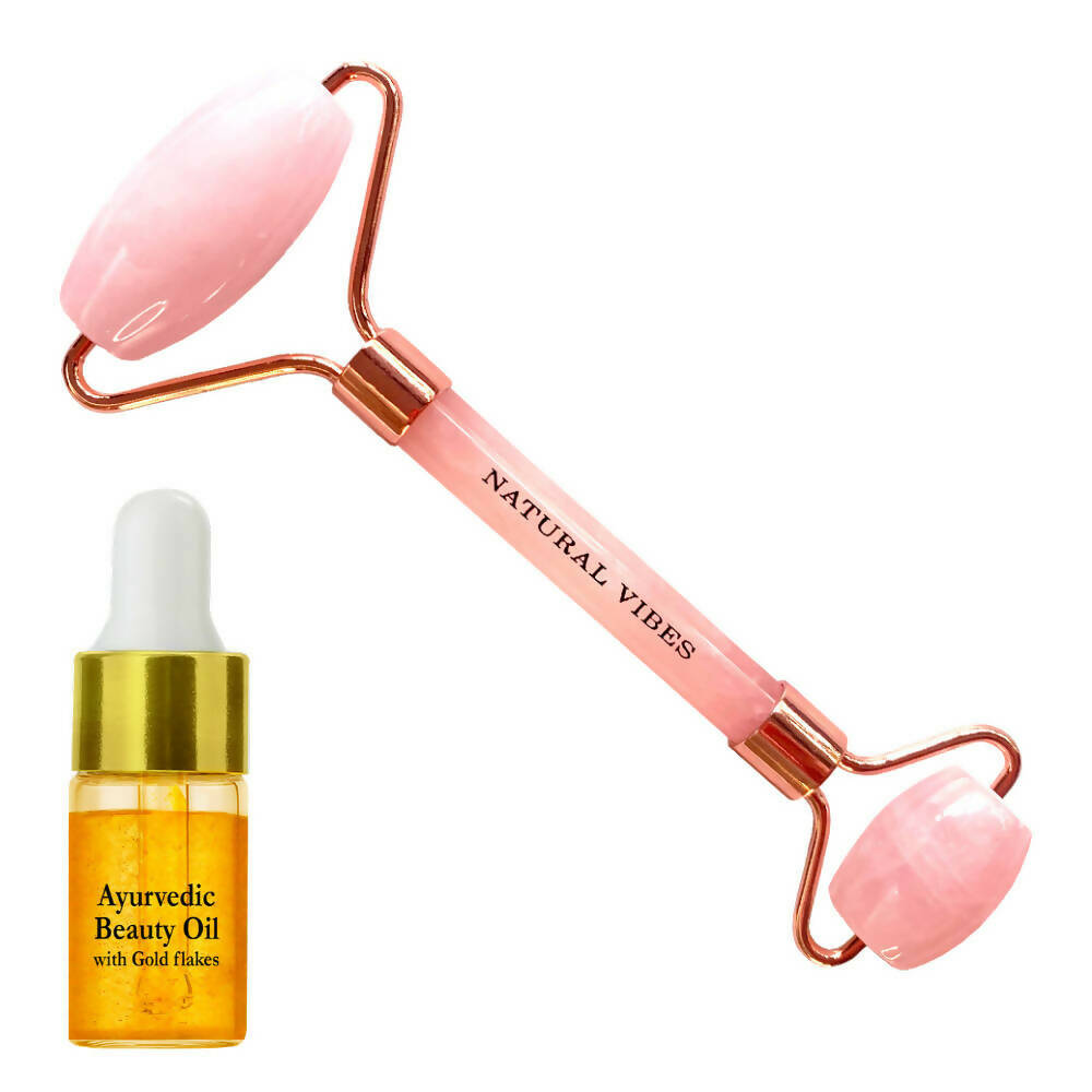 Natural Vibes Rose Quartz Roller & Massager with Free Gold Beauty Elixir Oil | Grocsy