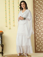 Myshka Women's White Georgette Kurti & Skirt With Dupatta Party Sets | Grocsy