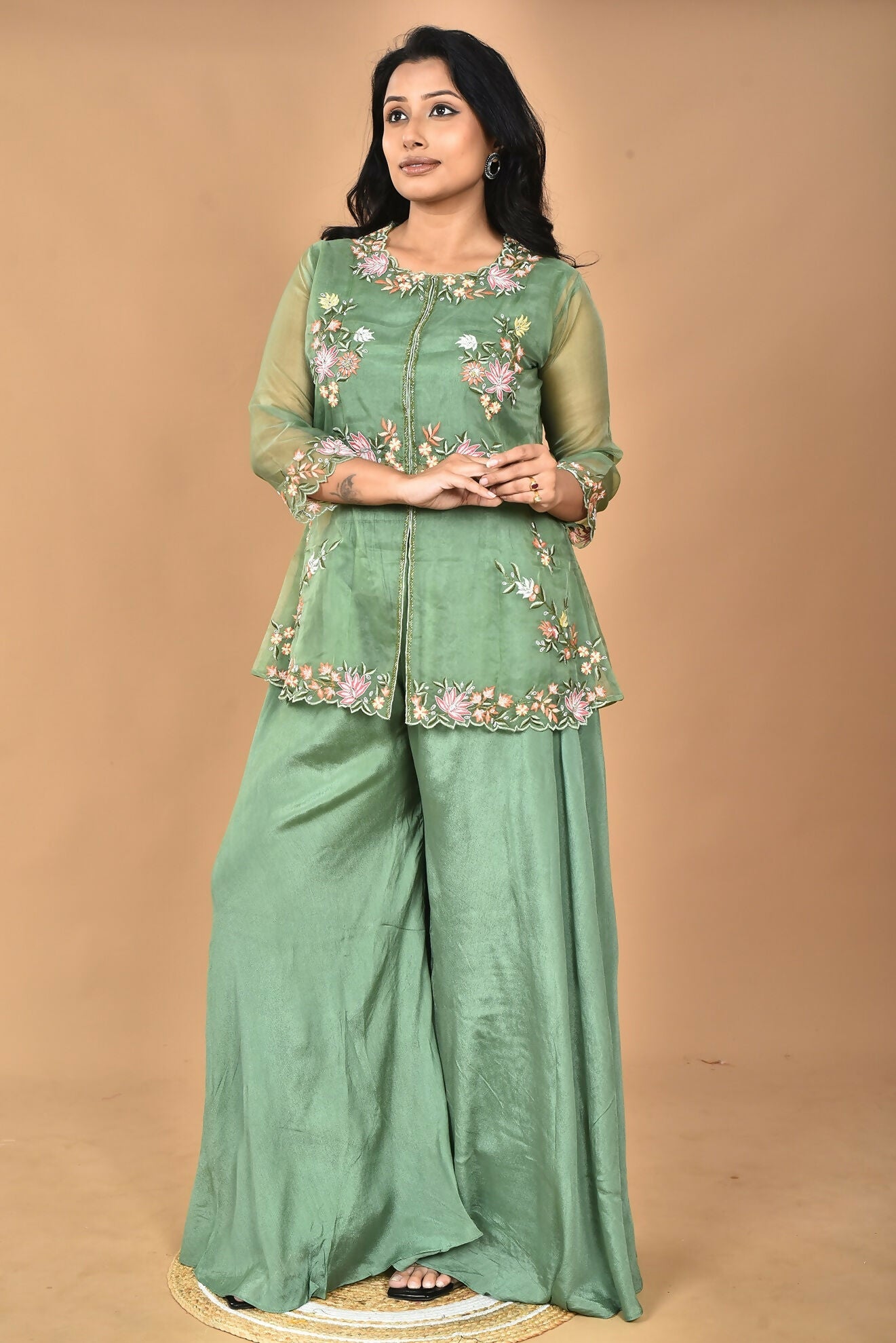 Morchari Women And Hand Embroidery Palazzo Set-Green | Grocsy