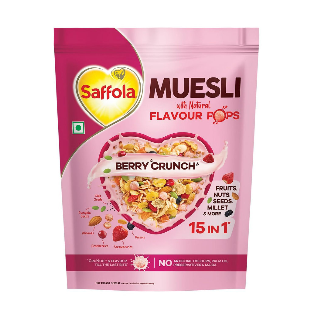 Saffola Muesli Fruit & Nut Berry Crunch with Flavour Pops | Grocsy