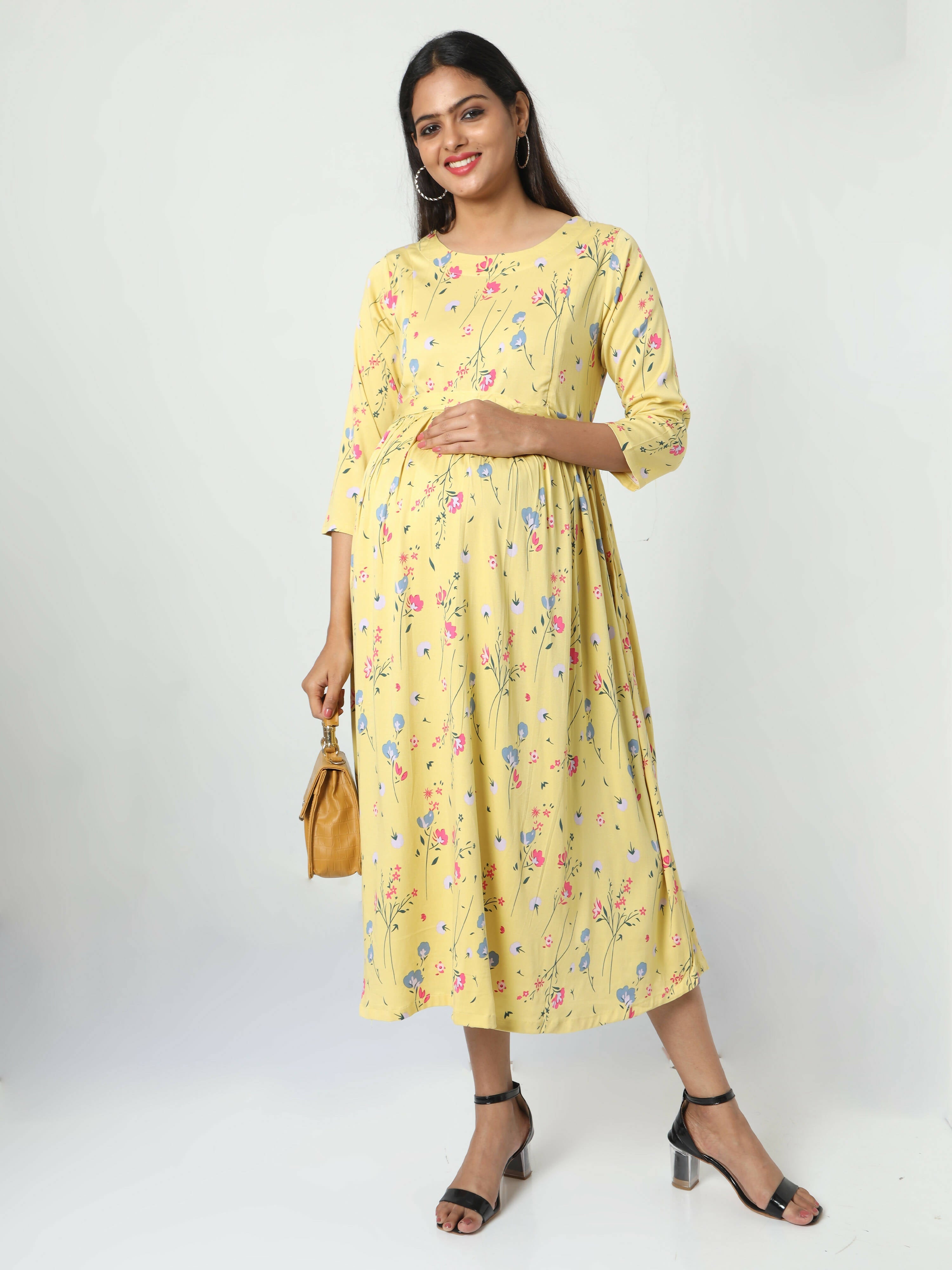 Manet Three Fourth Maternity Dress Floral Print With Concealed Zipper Nursing Access - Yellow | Grocsy