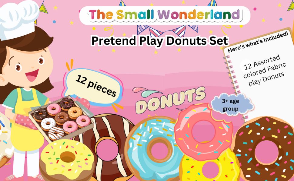 The Small Wonderland Pretend Play Donut Shop Set – 12 Colorful Fabric Donuts with Play Menu, ATM Cards, Money, and Shop Poster | Grocsy