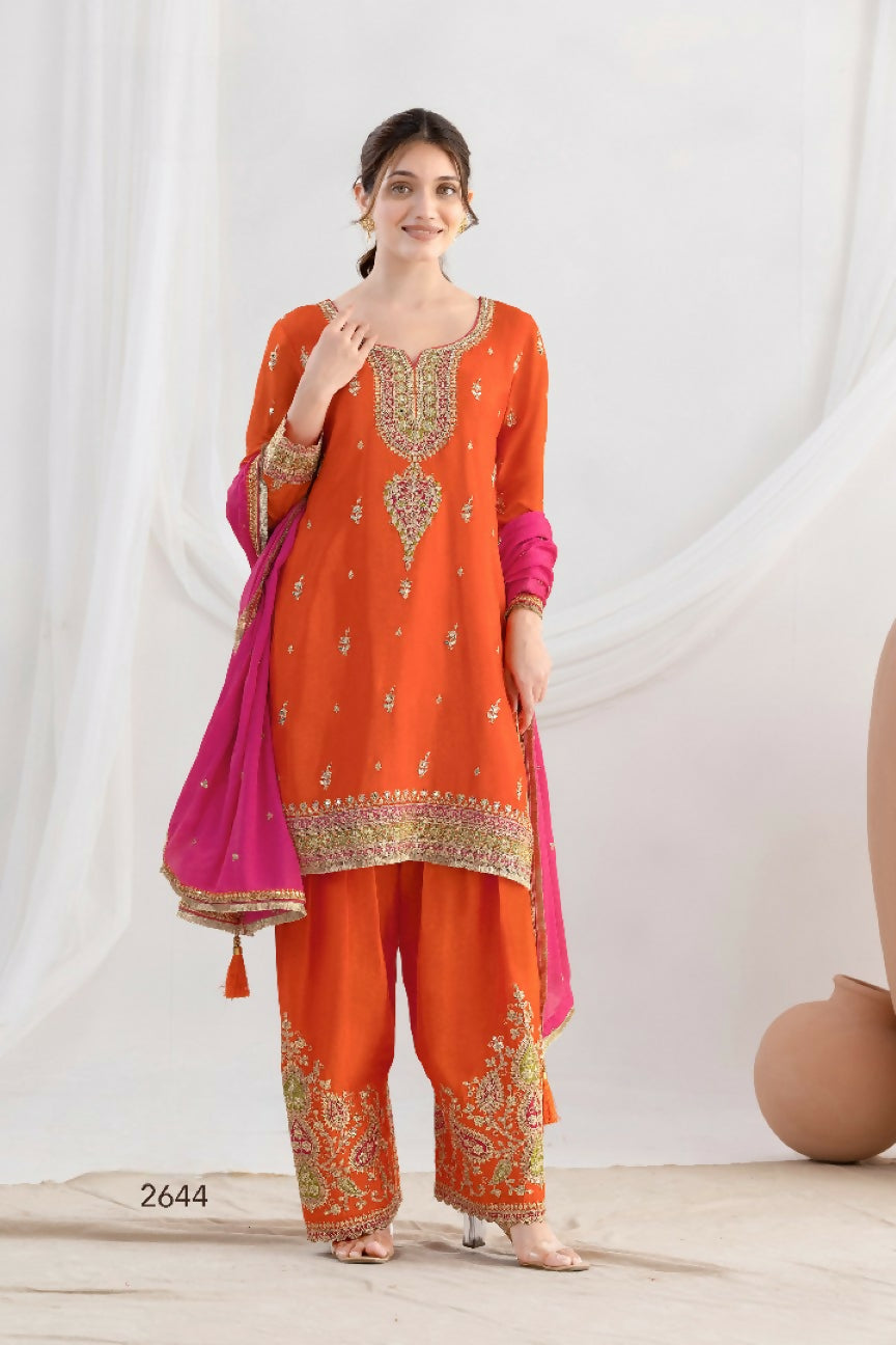 Anaita Orange Chinon Readymade Suit with Embroidery Coding & Sequence Work | Grocsy