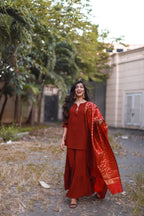 Jompers Women Maroon & Golden Solid Kurti with Sharara & Woven Design Dupatta | Grocsy