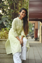 Jompers Women's Lime Green & White Chikankari Embroidered Kurta with Palazzos | Grocsy