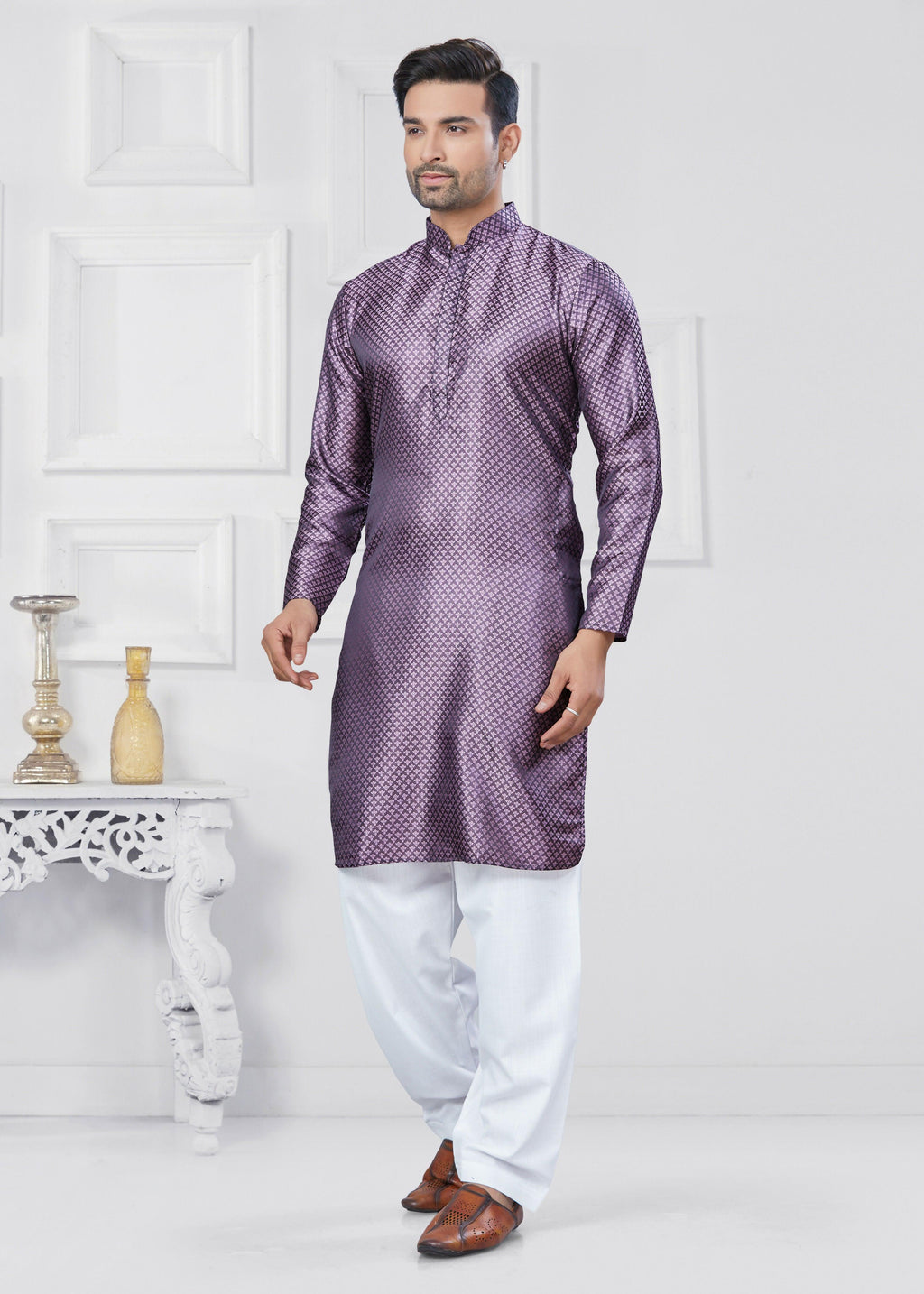 Joban Fashion Men's Jacquard Silk Purple Printed Kurta Pyjama set | Grocsy