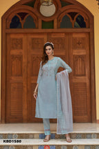 Sky Blue Chinon Embroidered Kurta and Bottom with Dupatta - Akashara | Grocsy
