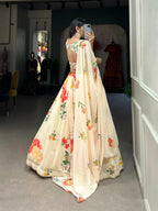 Vastranavya Floral Printed Georgette Lehenga Set With Thread Work Unstitched Choli - Cream | Grocsy