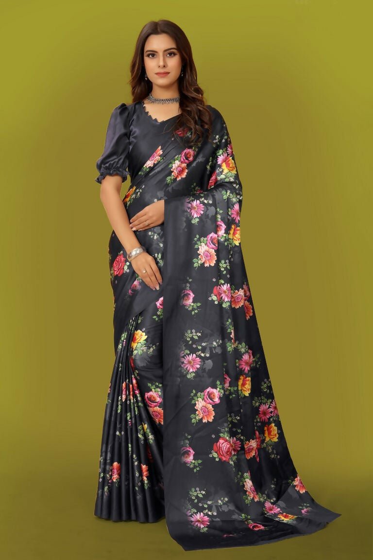 Aayaa Designer Printed Satin Saree - Multi Color | Grocsy