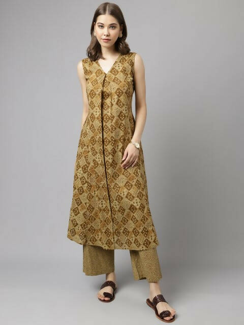 FIORRA Women's Brown Cotton A-Line Kurta Palazzo Set | Grocsy