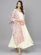 Ahalyaa Women's Cream Crepe kurta With Printed Dupatta Set | Grocsy
