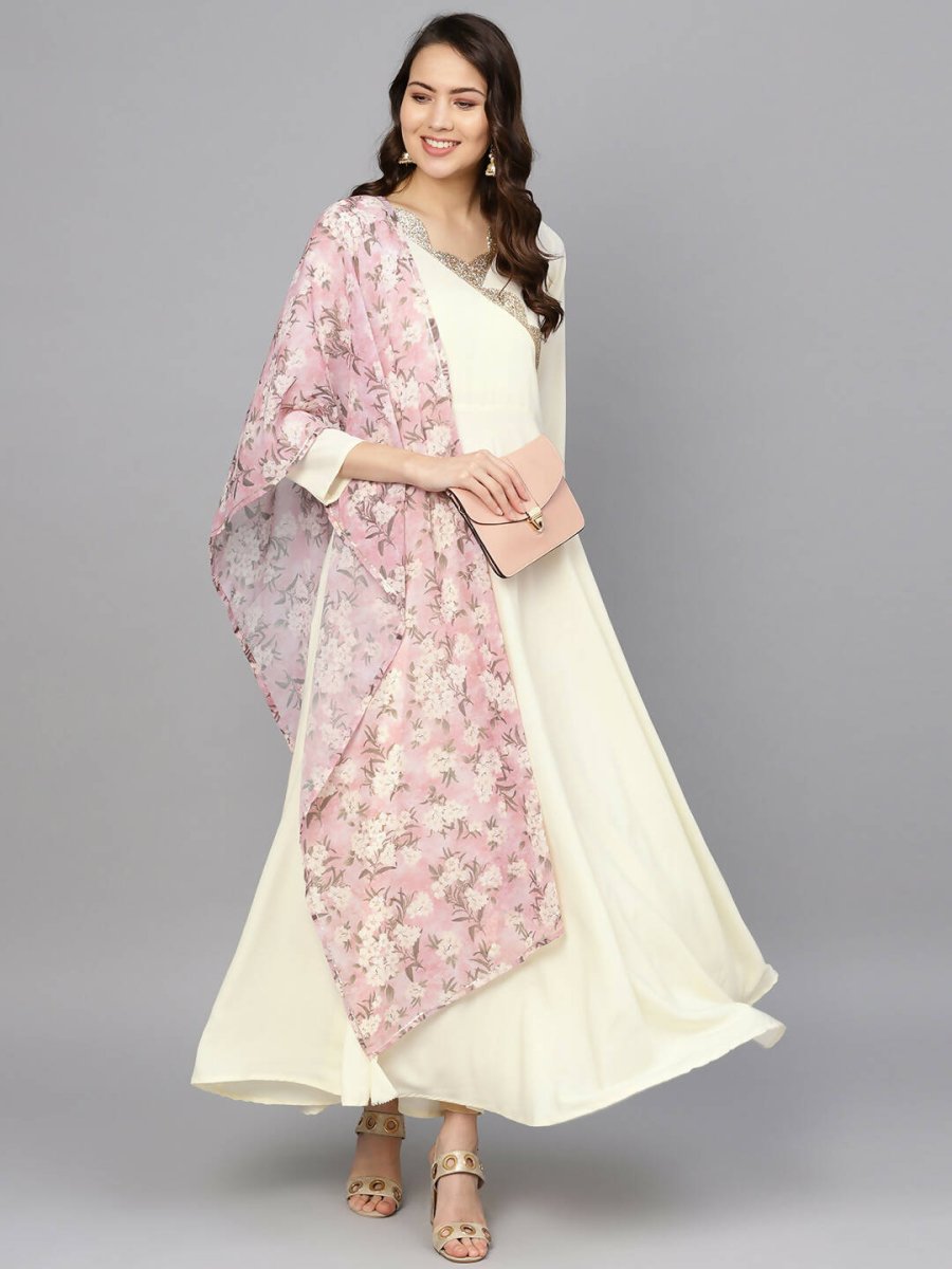 Ahalyaa Women's Cream Crepe kurta With Printed Dupatta Set | Grocsy