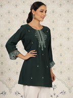 Dark Green Chinon Embroidered Straight Top - Zeny | Grocsy