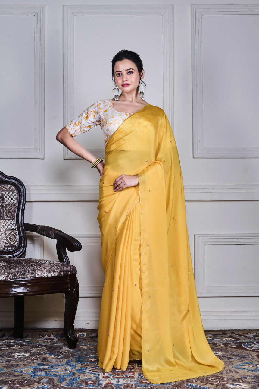 Morchari Yellow Chiffon Hand Embroidery Saree And Stitched Blouse | Grocsy