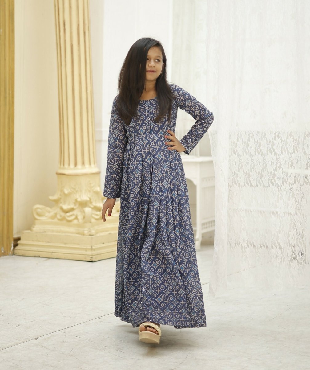 Aayaa Designer Printed Faux Georgette with Embroidery Zari Sequins-work Kids Gown | Grocsy