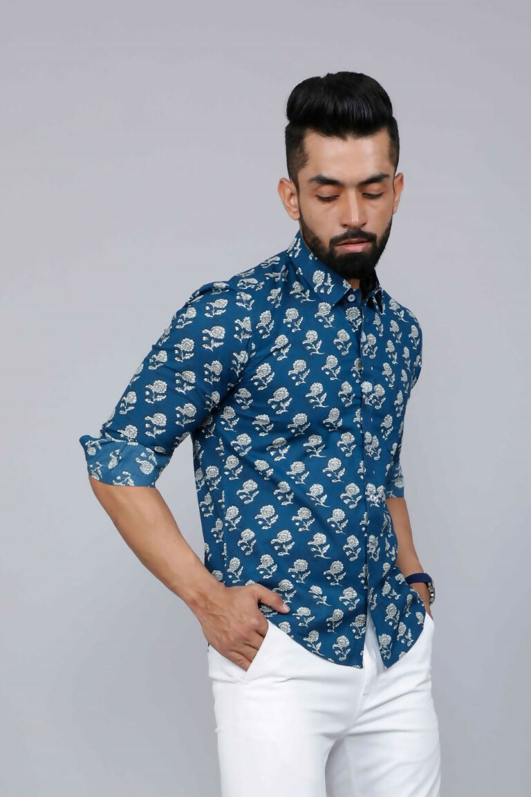 Miravan Men's Blue Spread Collar Floral Print Casual Shirt | Grocsy